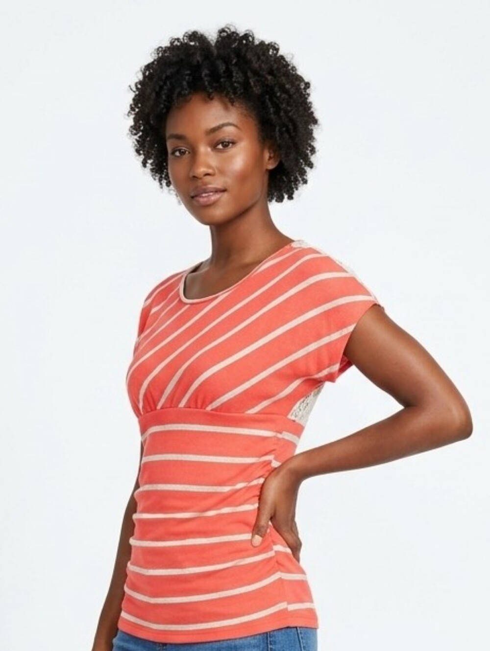 Iz Byer Coral and Cream Striped Cap Sleeve Tee with Lace Panel